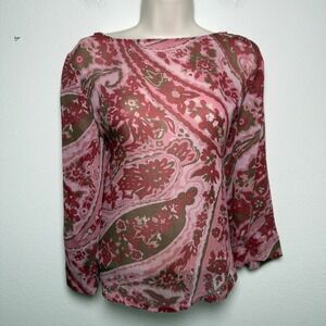 Talbots Women 100% SILK Top 6‎ Pink Paisley Chiffon Boatneck Bell Sleeve Western